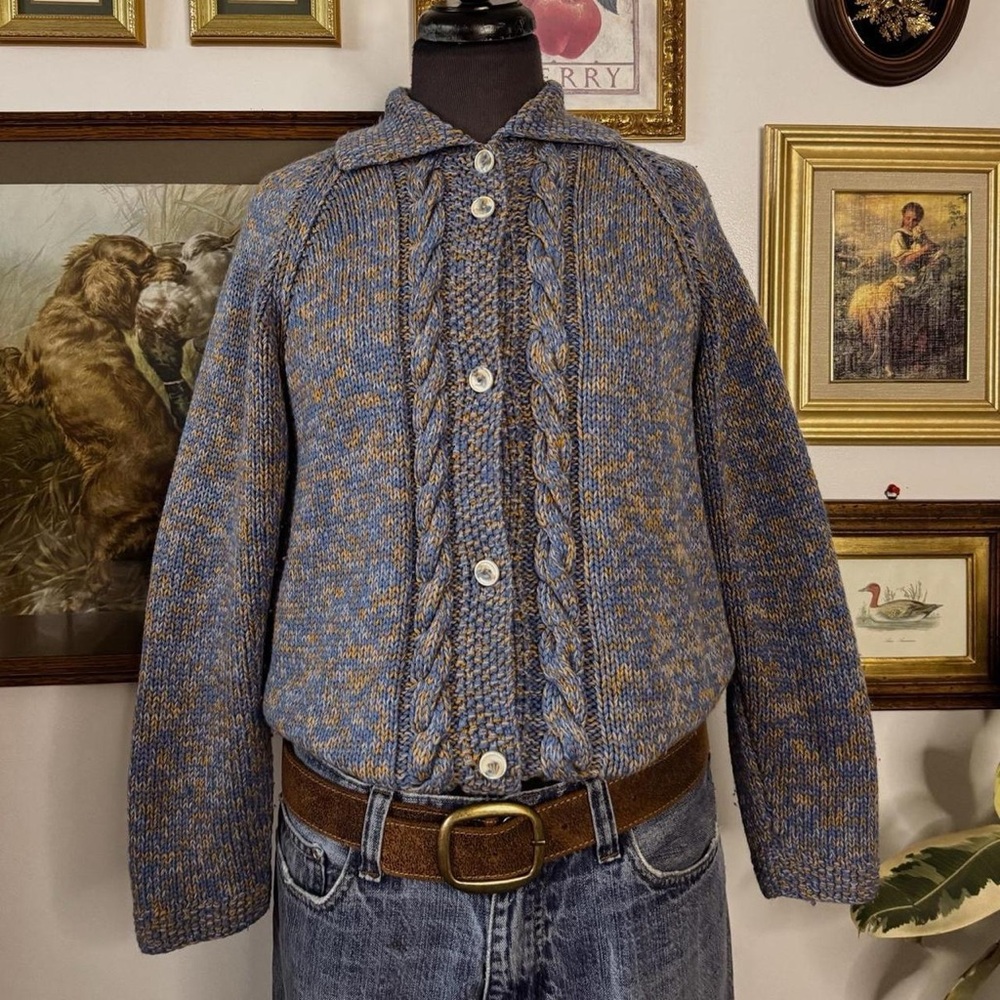Blue and Tan Marled Cable-Front Button Cardigan Sweater